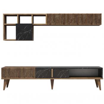 Mueble TV en madera de nogal con efecto mármol negro y estante mural, 180 cm