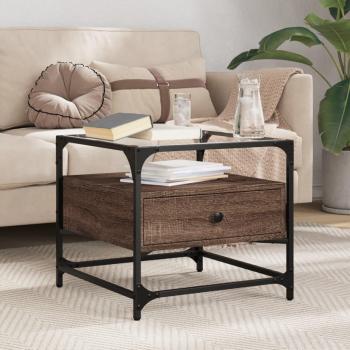 Mesa de centro con superficie de vidrio y estructura de acero, dimensiones 50x50x45 cm, disponible en color Negro, Roble Sonoma y Roble ahumado, ideal como mesita de salón o comedor
