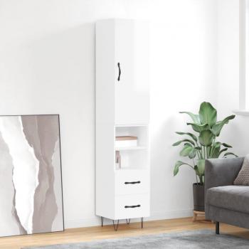 Aparador de madera contrachapada blanco brillo 34,5x34x180 cm con 2 cajones y 2 estantes, mueble de almacenaje para salón, buffet y armario auxiliar