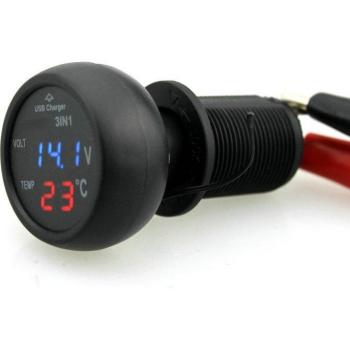 Cargador Universal para Coche 3 en 1 con Puerto USB, Voltímetro Digital y Termómetro LED para Vehículos 12V-24V