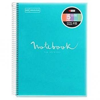 Miquelrius - Cuaderno Espiral Microperforado, Cubierta Polipropileno Translúcido, Tamaño A4 210 x 297 mm, 4 Taladros, 120 Hojas de 90 g/m² y 5 Franjas de Color, Cuadrícula de 5 x 5 mm, Azul Cielo