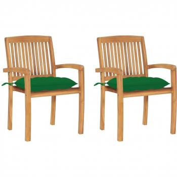 Teak Garden Chairs Set with Green Cushions - 2 Pieces
