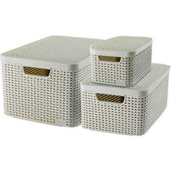 Curver Set de Cestas de Almacenamiento con Tapa - 3 Piezas Blancas (S, M, L)