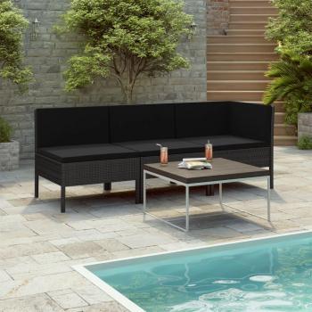 3-Piece Black Poly Rattan Garden Lounge Set with Cushions