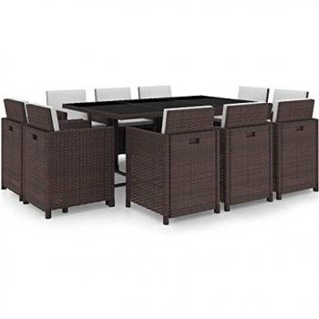 11-Piece Brown Poly Rattan Outdoor Dining Set with Cushions