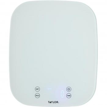 Balanza Digital de Cocina Taylor Pro, Compacta, Nivel Profesional, Alta Precisión, Diseño Resistente al Agua, Registro de Peso con Tara, Vidrio Blanco, 14 kg / 14 L de Capacidad