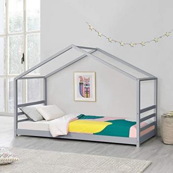 Cama Infantil Vardø de Pino con Somier - Forma de Casa - 200 x 90 cm - Gris Lacado Mate