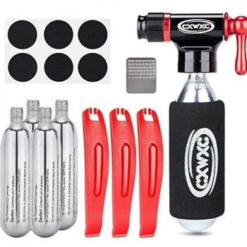 Kadacha Kit de inflador de CO2 con 5 Cartuchos roscados de CO2 de 16 g - Compatible con válvulas Presta y Schrader - Bomba portátil de CO2 para neumáticos de Bicicleta con Multiherramienta