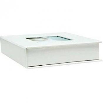 Caja de almacenamiento para USB y fotos en simil cuero blanco, 8x8 cm