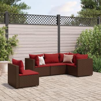 5-Piece Brown Poly Rattan Garden Lounge Set with Cushions