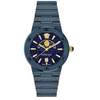 Versace Women's Greca Logo Moonphase Swiss Quartz Watch with Sapphire Glass and Stainless Steel Strap VE7G00423