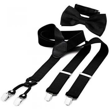 DonDon Tirantes para hombres ancho 3,5 cm en forma de Y, elásticos y ajustables en paquete de 2 con pajaritas adecuada 12 x 6 cm - Negro