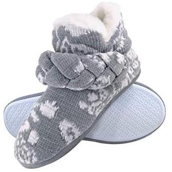 Dunlop Women's Cozy Fleece Plush Knitted Slipper Boots in Grey Fairisle & Pink Cord - Size 4 UK
