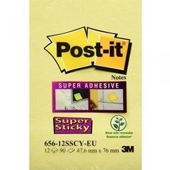 Post-it 656-12SSCY, Super Sticky, Bloque con 90 Hojas, Amarillo, 47.6 x 76 mm