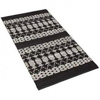 Alfombra Moderno Contemporáneo Negra con Rectángulo Blanco 80 x 150 cm Tejida a Mano de Cuero y Algodón Sokun