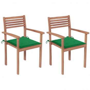 Sillas de jardín de madera de teca con cojines verdes (2 unidades)