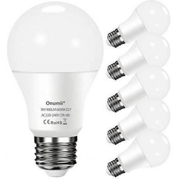 Onumii Bombillas LED E27 Luz Fria 6000K, 9W 900 Lúmenes Equivalente a 60W 75W, No Regulable, Pack de 6 Unidades