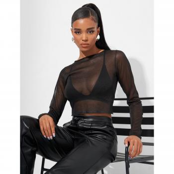 Kaiia Sheer Knit Top in Black Glitter