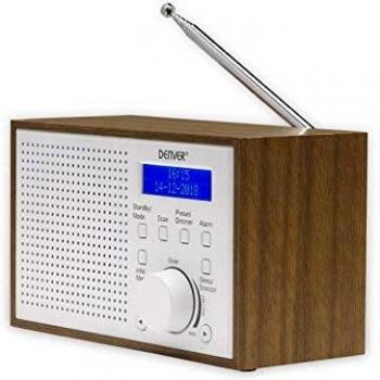 Denver DAB-46WHITE Radio Internet Analógico y Digital con Función de Alarma, Aspecto Madera, Reloj, Despertador, Batería y Corriente, Salida Audio 2W Marrón Blanco