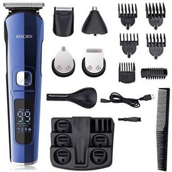 Cortapelos Hombre, RESCIEN 12 En 1 Cortadora de Pelo Recargable Máquina de Afeitar Recortadora Barba/Cabello/Cejas/Cuer /Cortapelos Nariz y Orejas con Pantalla LED, 4 Pezuñas, Peines y Bolsa