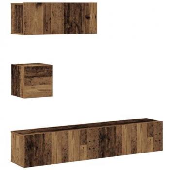 Conjunto de mueble de TV montado en la pared, 4 piezas, madera envejecida y madera compuesta