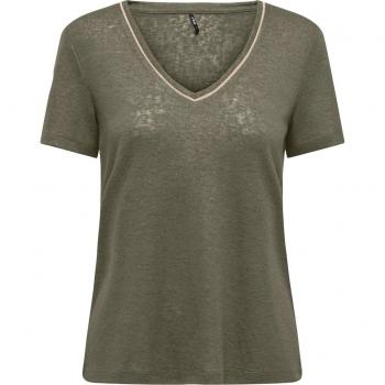 Only ONLDORIT Women's V-Neck Shine T-Shirt in Kaki