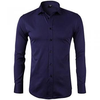 Camisa Bambú Fibra Hombre, Manga Larga, Slim Fit, Camisa Elástica Casual/Formal para Hombre, Marino, 2XL