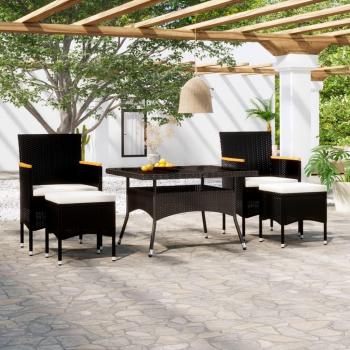 5-Piece Black Poly Rattan Garden Dining Set with Tempered Glass