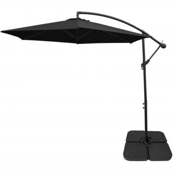 Sombrilla Voladiza Negra de 3 m con Mecanismo de Manivela, Base Cuadrada y Cubierta Impermeable Gratis