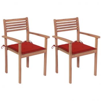 Sillas de jardín 2 uds madera maciza de teca con cojines rojos