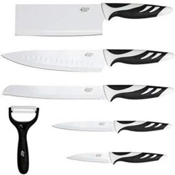 Cecotec Set de cuchillos Swiss Chef. Empuñadura con insertos de silicona, Recubrimiento antiadherente cerámico, Blanco y Negro, Presentados en estuche