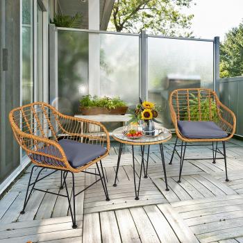 3-Piece Outdoor Rattan Bistro Set with Cushions - Grey Wicker Patio Furniture