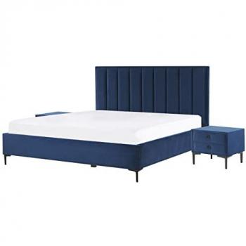 Conjunto de dormitorio tapizado en terciopelo azul marino 180 x 200 cm con cama con almacenaje y 2 mesitas de noche