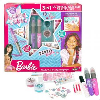 Barbie - Set belleza glitter 3 en 1: mechas, manicura y tatuajes para niñas, incluye tizas de colores para pelo, juego de uñas, tatuajes temporales, dimensiones 2 x 13 x 2 cm