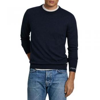 Pepe Jeans - Jersey de hombre cuello redondo New Andre en color Dulwich Blue, con logo bordado en la manga, casual, de algodón, manga larga, talla M
