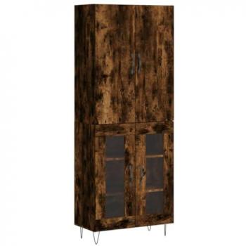 Aparador alto de madera contrachapada roble ahumado 69,5x34x180 cm con 2 puertas de cristal, mueble de almacenaje para salón, armarios con puertas, cajón de madera, buffet