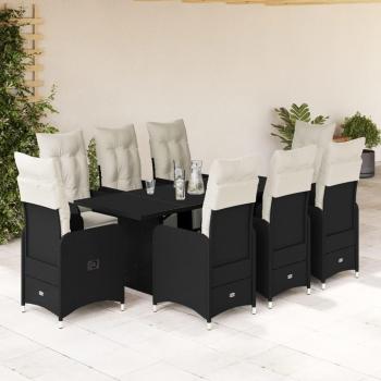 9 Piece Black Poly Rattan Garden Bistro Set with Cushions
