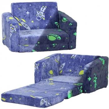 Sillón Infantil Plegable Azul Brilla en la Oscuridad 2 en 1 Reclinable Tapizado de Tela Luminosa con Patrón Cósmico Cojín y Funda Lavables para Bebés Dimensiones 59