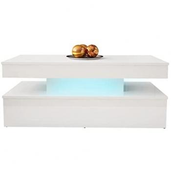Mesa de centro Merced N100, Muebles ES, MDF, LED, 120 x 55 x 50cm, Blanco + Blanco brillante