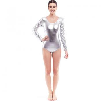 Body o Maillot plateado metalizado manga larga para mujer