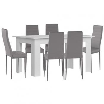 Pack Mesa de Comedor o Cocina Blanca + 6 Sillas en Polipiel y Metal Gris