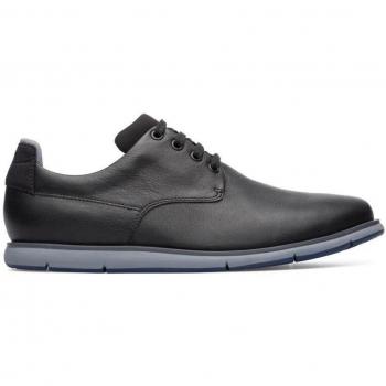 Camper Men's Comfortable Leather Lace-Up Shoes - CAMPER SMITH K100478, Black with Gray Sole, Casual Style