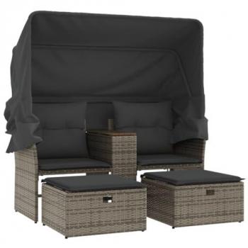 2-Seater Garden Sofa with Canopy and Stools - Grey Poly Rattan