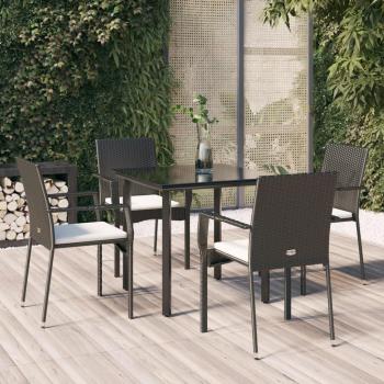 5-Piece Black Poly Rattan Garden Dining Set with Cushions