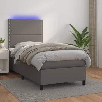 Cama box spring con colchón y LED de cuero sintético gris 90x200 cm