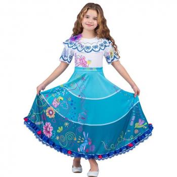 Disfraz de Colombiana azul y blanco floral para niña con diseño tradicional, incluye blusa con estampado floral, falda larga en tonos azules y blancos, cinturón decorativo, y accesorios como diadema o flores