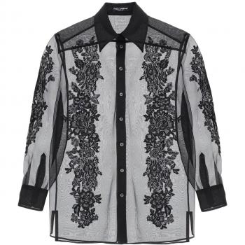 Lace-Trimmed Black Organza Shirt - Size L