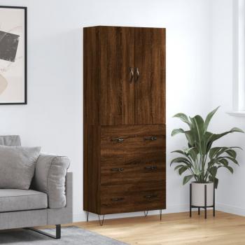 Aparador alto de madera contrachapada marrón roble 69,5x34x180 cm con 3 cajones, mueble de almacenaje para salón, buffet y armario auxiliar