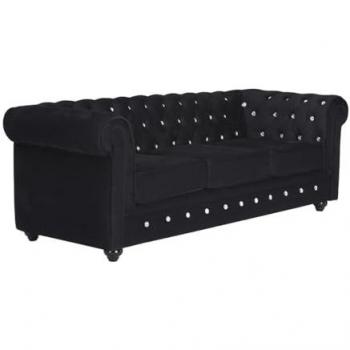 Sofá 3 plazas de terciopelo Chesterfield negro con botones efecto cristal