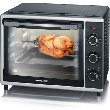 SEVERIN Horno tostador con función de convección, mini horno tostador con grill y recogemigas, horno pequeño con 1 bandeja de asado y asador giratorio, 1600 W, 30 L, negro, TO 2056